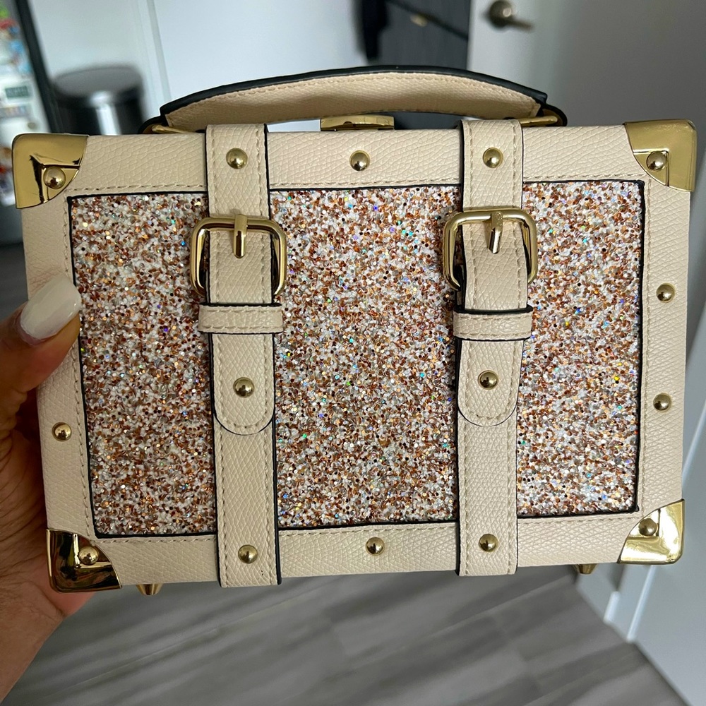 Aldo Trunk Crossbody Purse with Gold Accents and Rose Gold Glitter